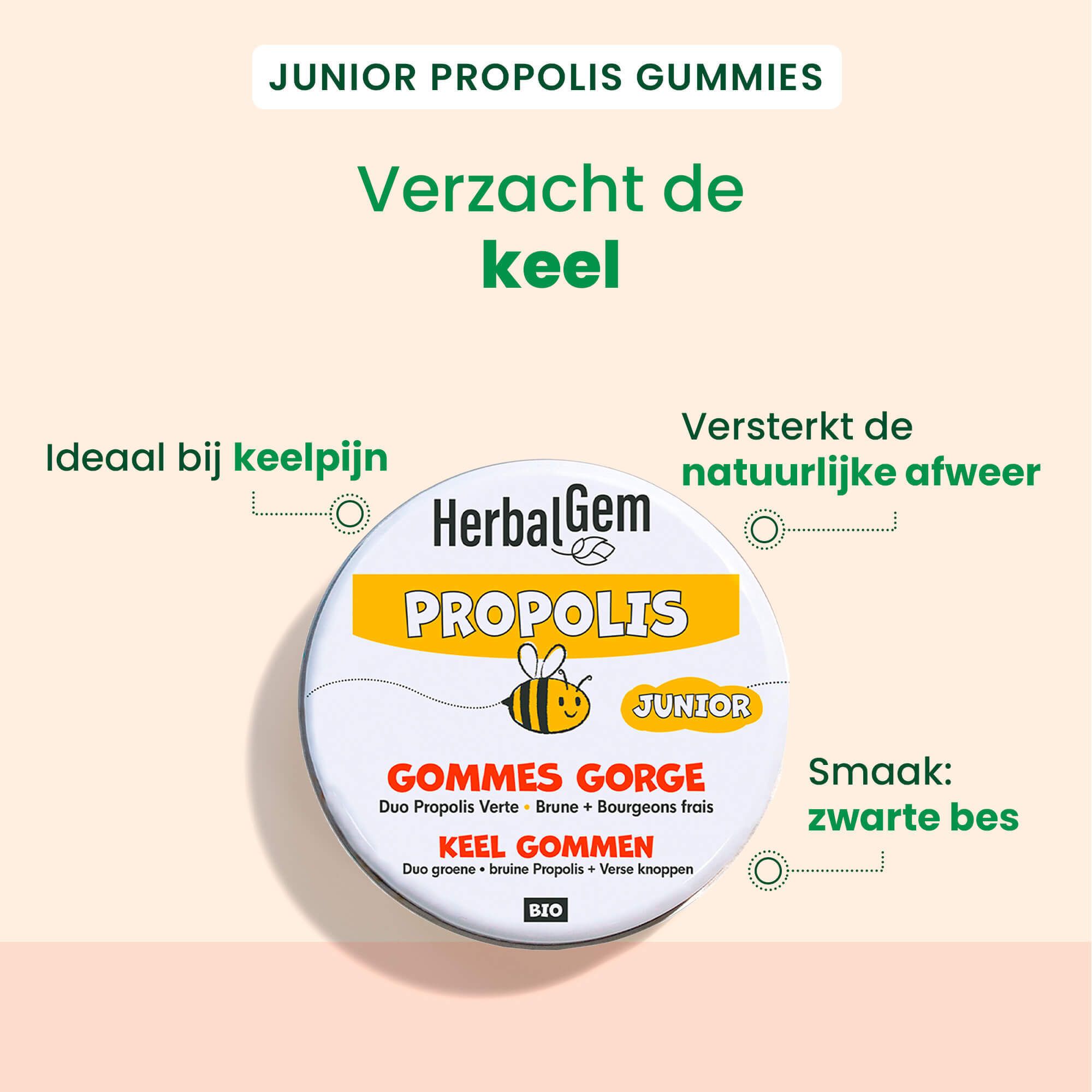 Productverpakking met tekst: HerbalGem Propolis Junior. Gele achtergrond met tekst. Ideaal bij keelpijn.