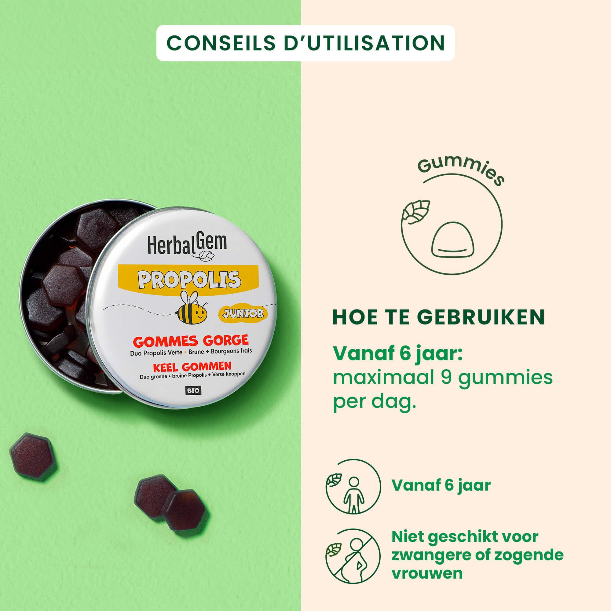 Ronde doos HerbalGem Propolis Junior Bio Gommes Gorge. Geel deksel met tekst en bij. Bio-label.