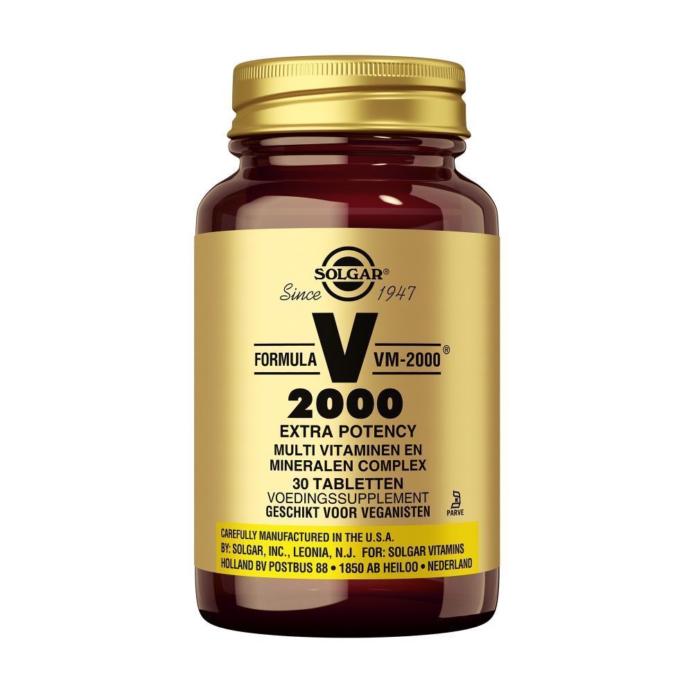 Flacon en verre brun avec bouchon doré. Étiquette avec nom du produit, ingrédients et marque SOLGAR. 30 comprimés.