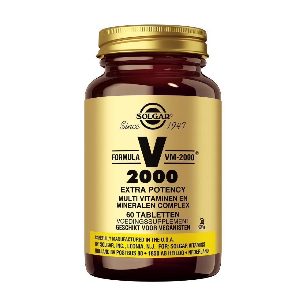 Bruine glazen fles met gouden dop. Etiket met "Formula V 2000" en "60 tabletten".