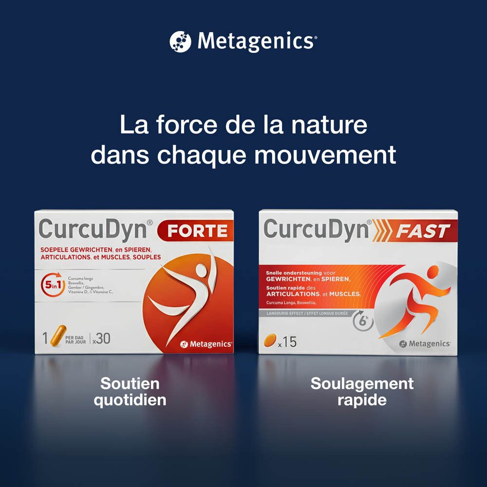 Deux boîtes de produits. Inscription : CurcuDyn Forte et CurcuDyn Fast. Marque : Metagenics.