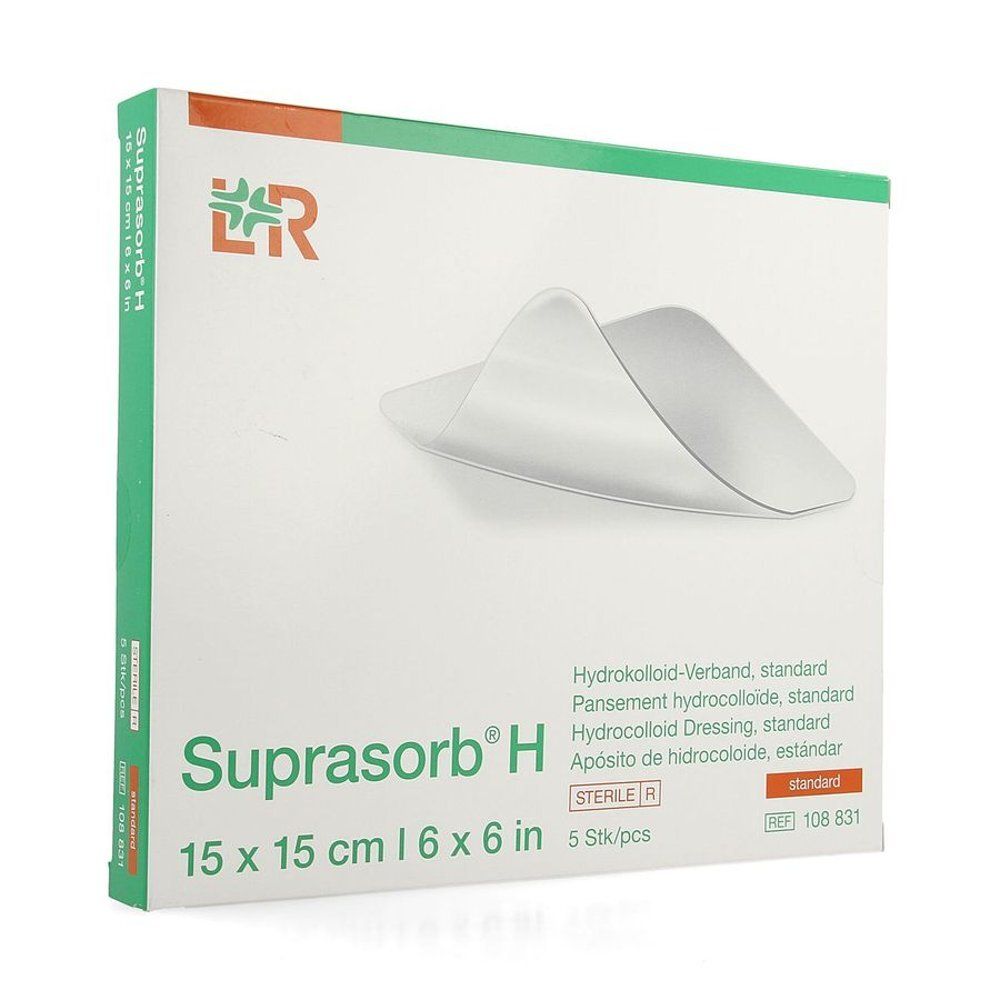 Verpakking met hydrocolloïde verband Suprasorb H, 15 x 15 cm, steriel. Bevat 5 stuks. Merk Lohmann & Rauscher.