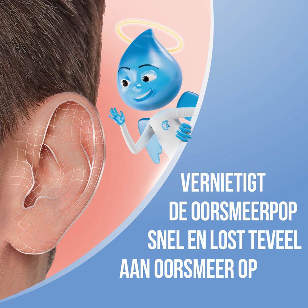 Illustratie van een oor met een product. Tekst: Vernietigt snel de oorsmeerprop.