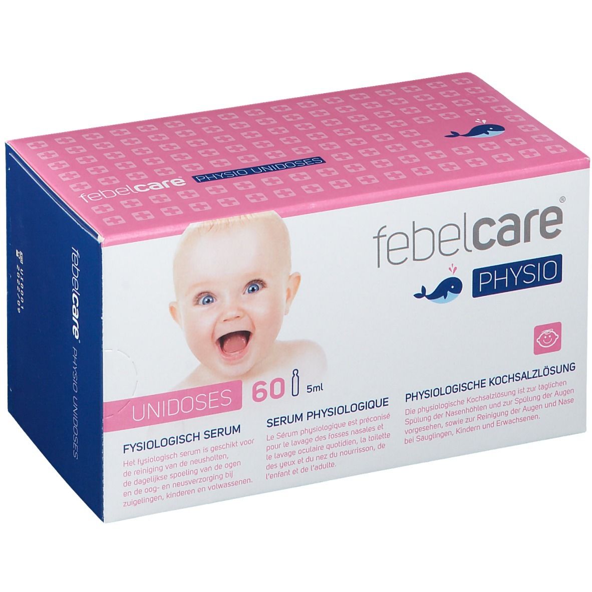 Roze-witte doos met babyfoto. Opschrift: Febelcare Physio Unidoses, 60 x 5ml. Fysiologisch serum.