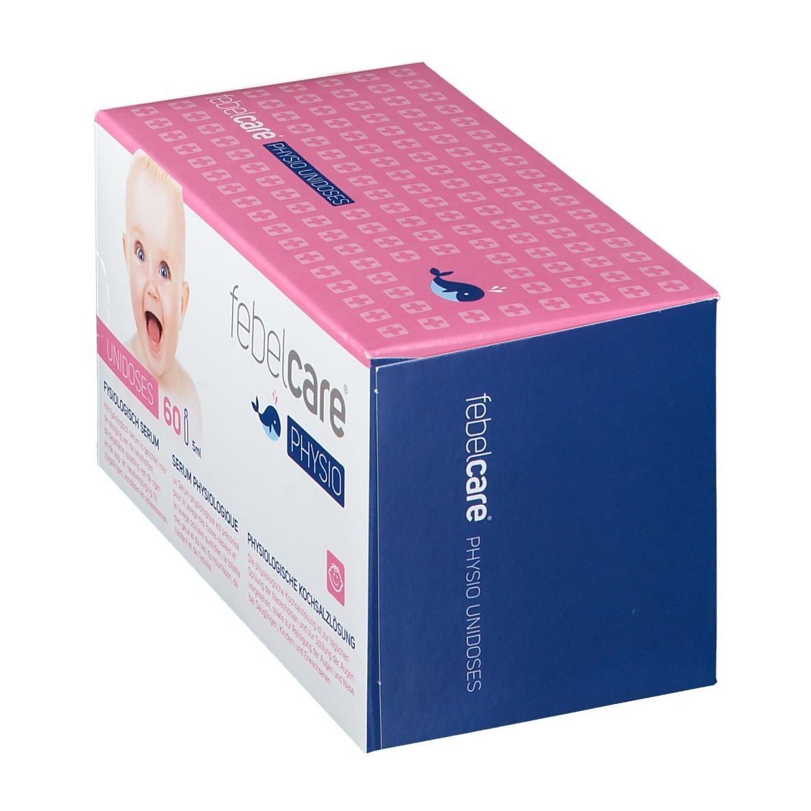 Roze-witte doos met babyfoto. Opschrift: Febelcare Physio Unidoses. Blauwe zijkant met logo.