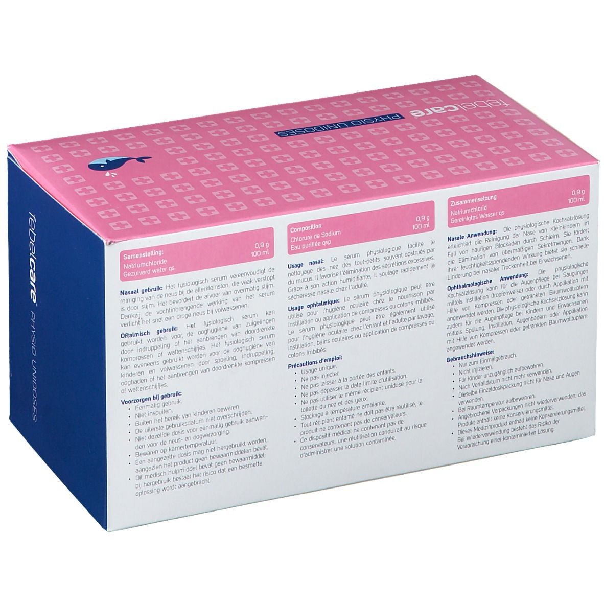 Achterkant van de roze-witte doos. Tekst in meerdere talen. Informatie over ingrediënten en gebruik.
