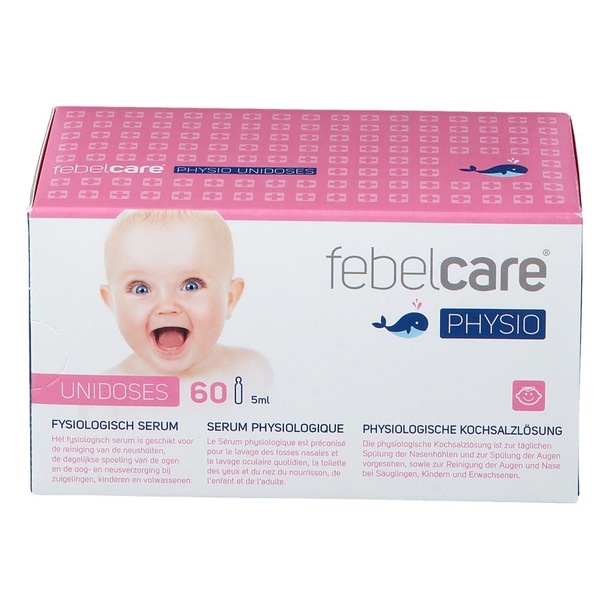 Roze-witte doos met babyfoto. Opschrift: Febelcare Physio Unidoses, 60 x 5ml. Fysiologisch serum.