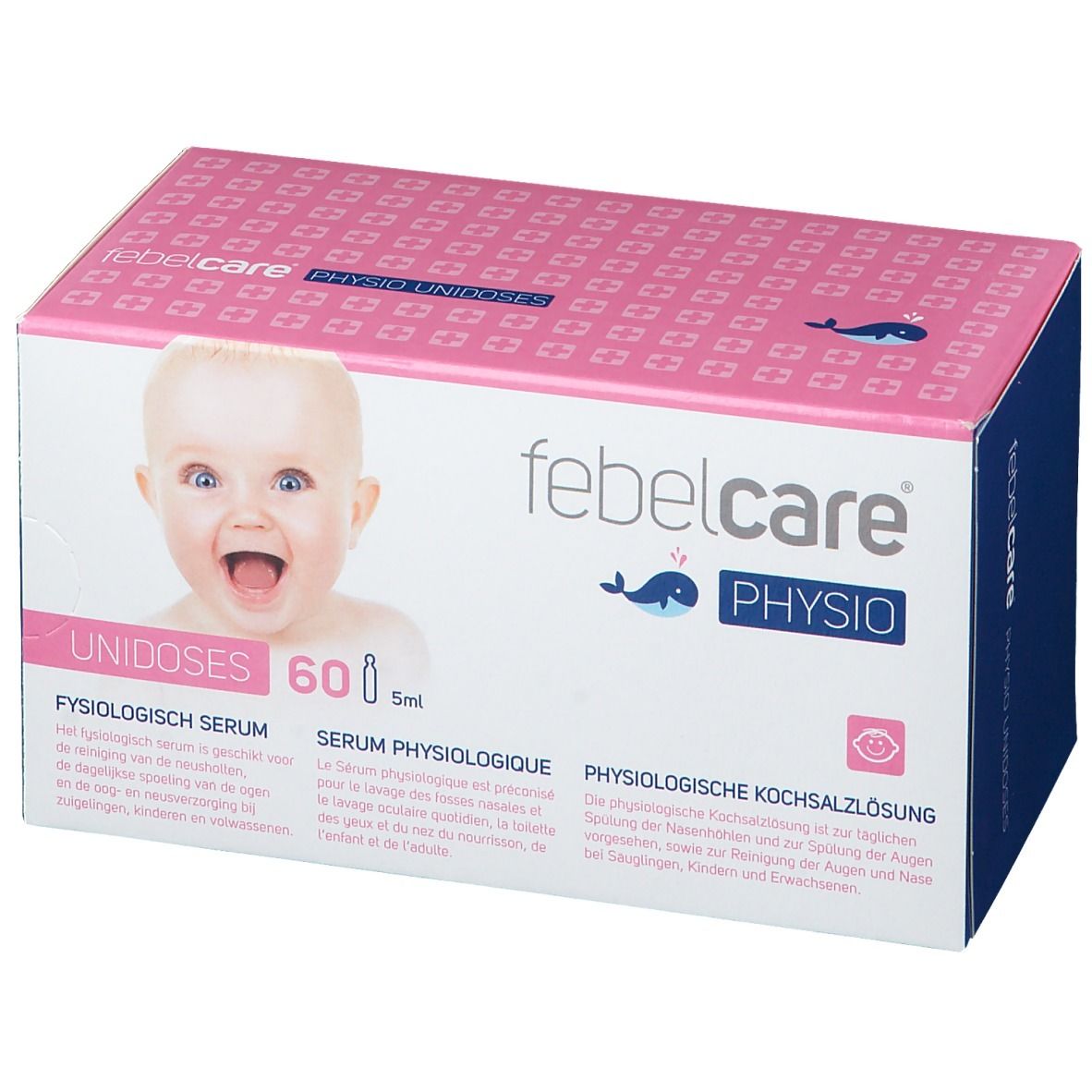 Roze-witte doos met babyfoto. Opschrift: Febelcare Physio Unidoses, 60 x 5ml. Fysiologisch serum.