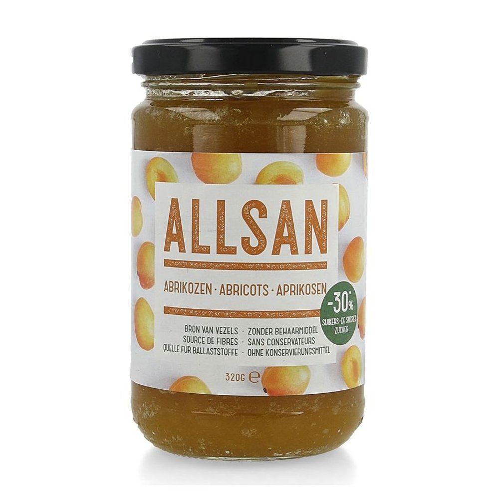 Pot abrikozenjam. Etiket met ALLSAN-logo, tekst en abrikozenillustraties. Zwarte deksel.