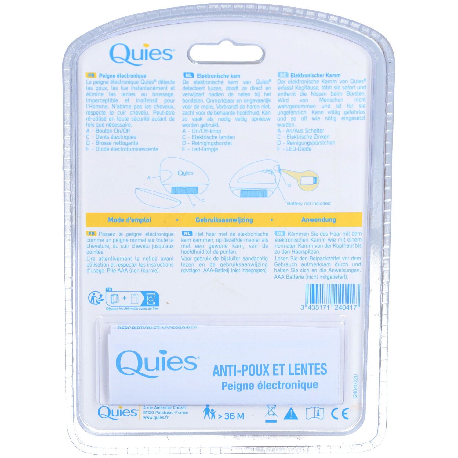 Quies Peigne Electronique contre Poux et Lentes