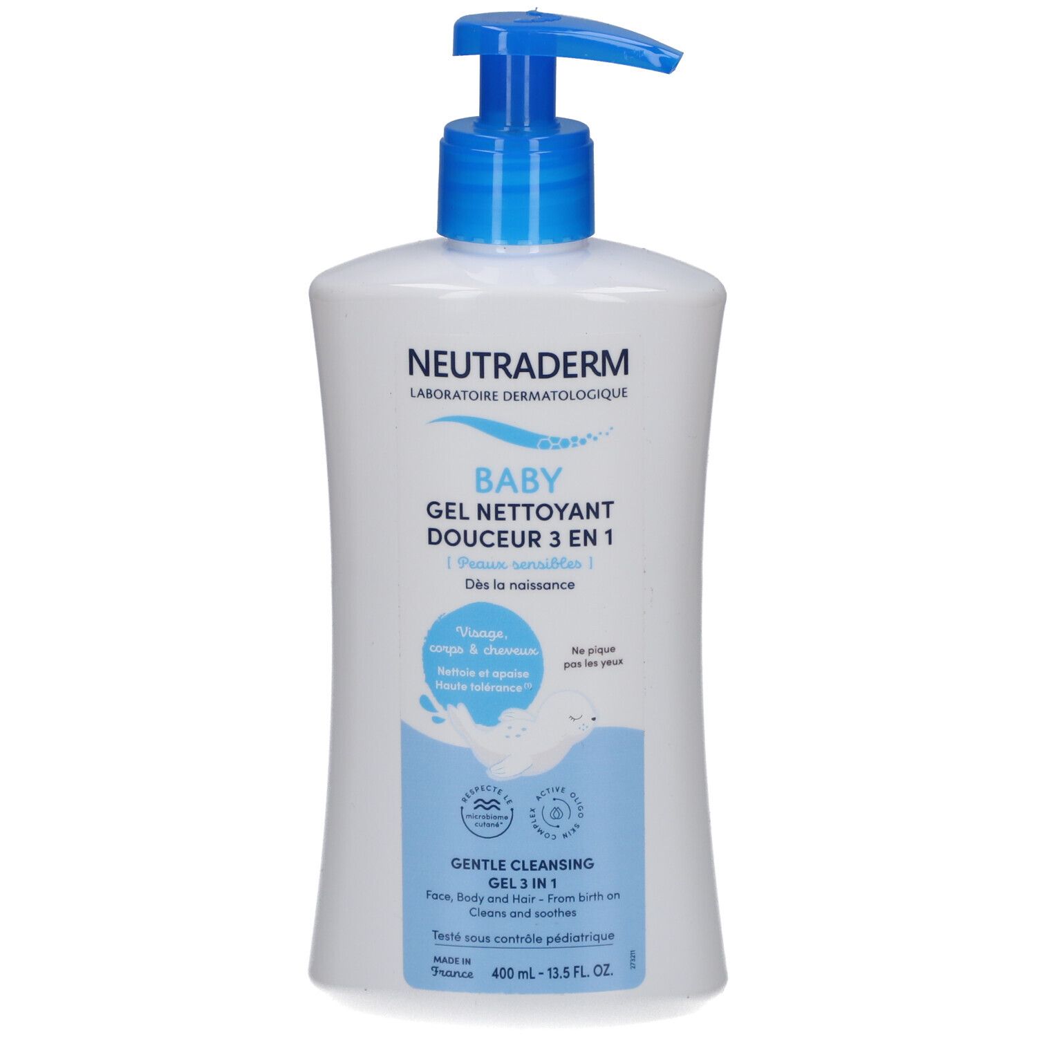 Witte fles met blauwe pomp. Opschrift: Neutraderm Baby Gel Nettoyant Douceur 3 en 1. Voor gezicht, lichaam en haar.