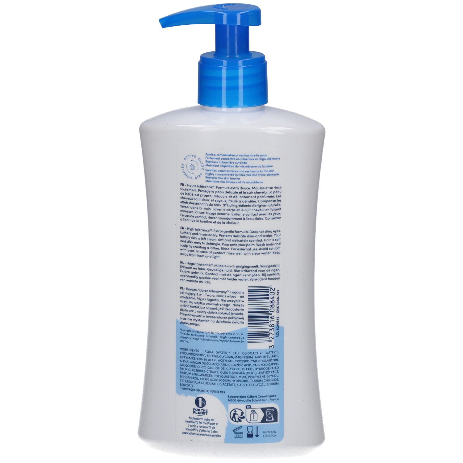 Achterkant van witte fles met blauwe pomp. Meertalige tekst. Ingrediënten en gebruiksaanwijzing.