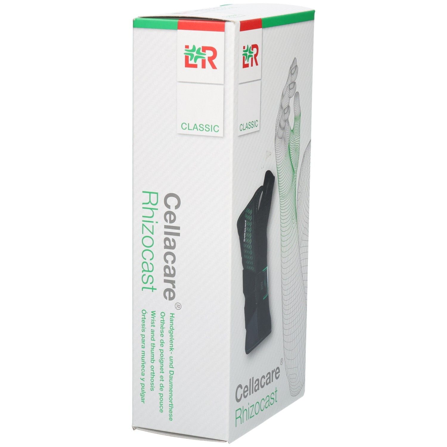 Verpakking van de L&R Cellacare Rhizocast pols-duimbrace. Toont een zwarte brace en een schematische hand.