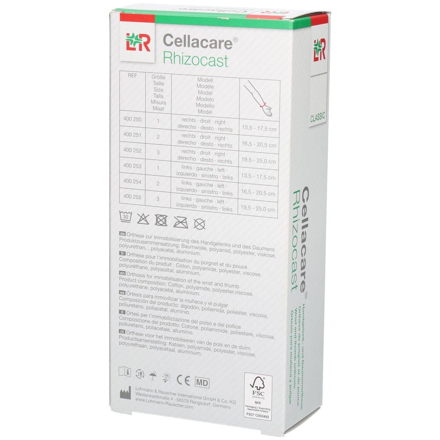 Achterkant van de verpakking van de L&R Cellacare Rhizocast pols-duimbrace met maattabel en materiaalinformatie.