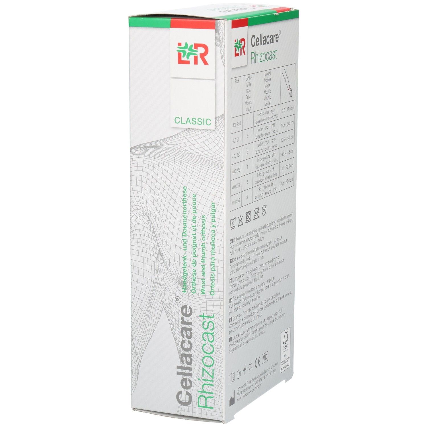 Zijaanzicht van de verpakking van de L&R Cellacare Rhizocast pols-duimbrace met productnaam en schematische weergave.