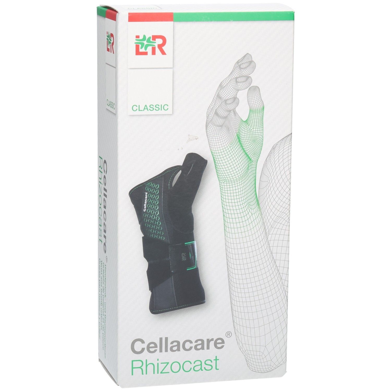 Voorkant van de verpakking van de L&R Cellacare Rhizocast pols-duimbrace. Toont een zwarte brace en een schematische hand.