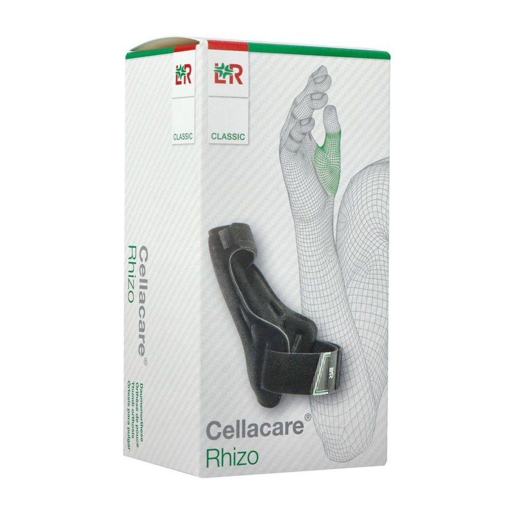 Orthèse de pouce dans son emballage. Visible : L&R, Cellacare Rhizo, illustration de la main, velcro.