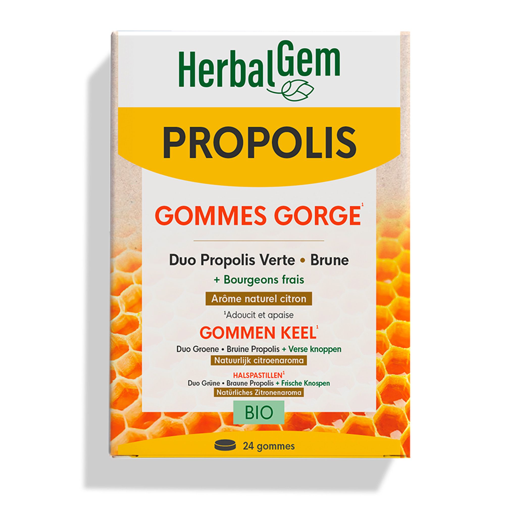 Verpakking HerbalGem Propolis Large Spectre Bio. Gele gummies, 24 stuks. Bio-certificering.