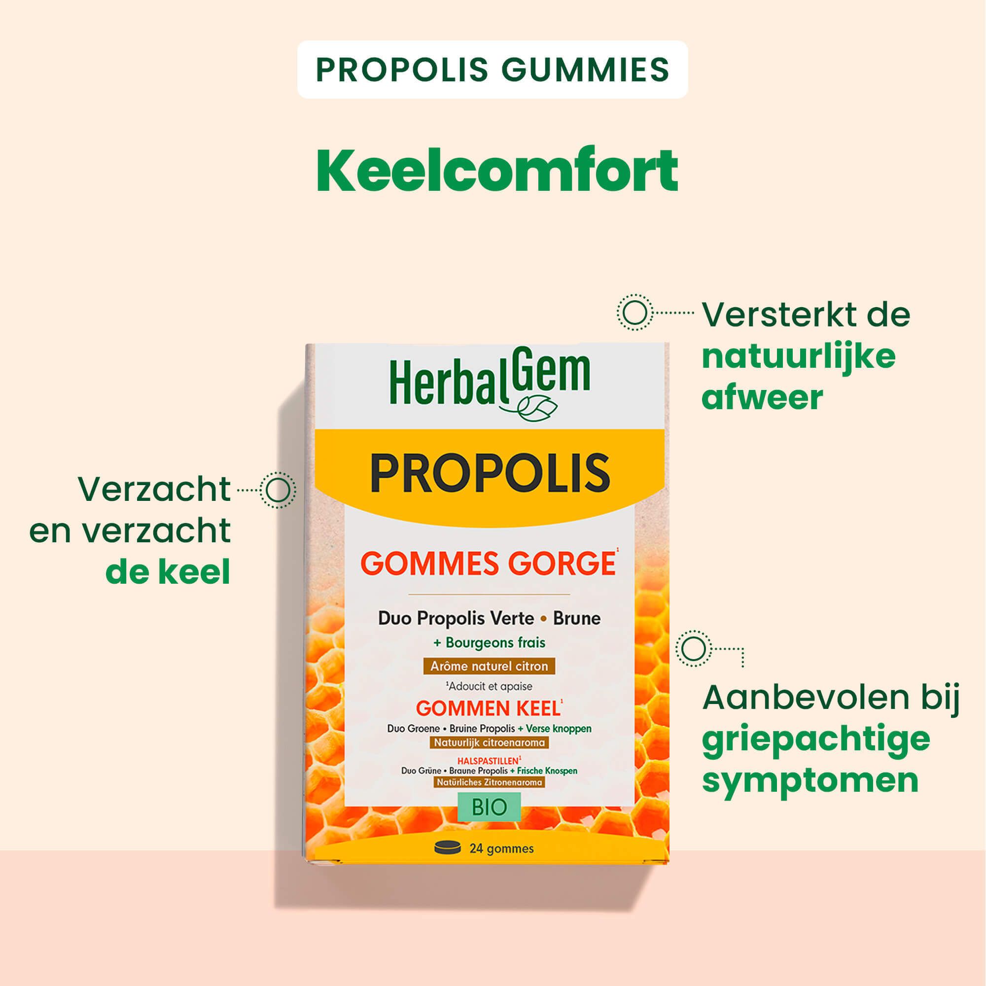Verpakking HerbalGem Propolis Large Spectre Bio. Tekst: Confort de la gorge. Bio-certificering.