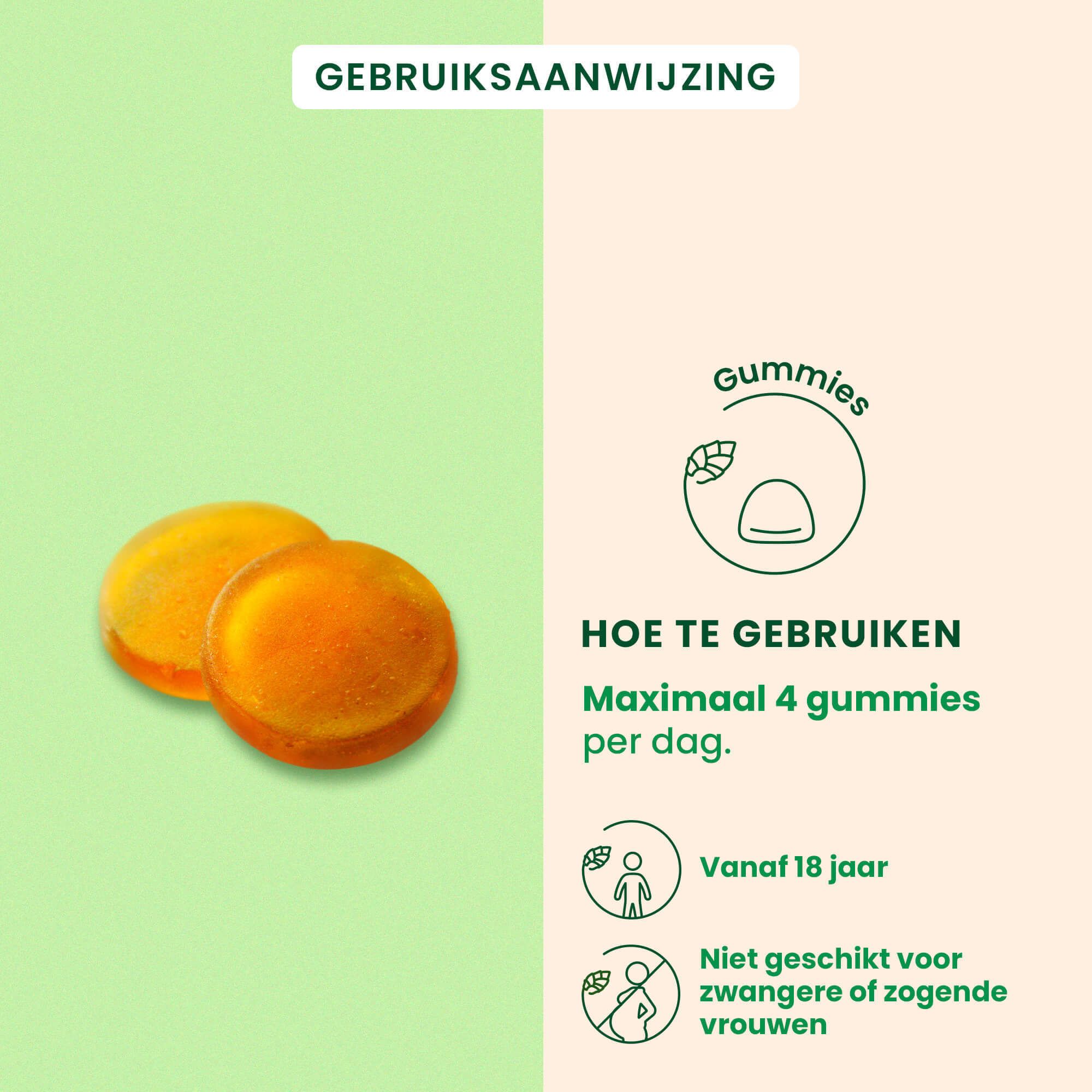 Twee gele gummies. Tekst: Maximum 4 gummies per dag. Illustratie: Gummies.