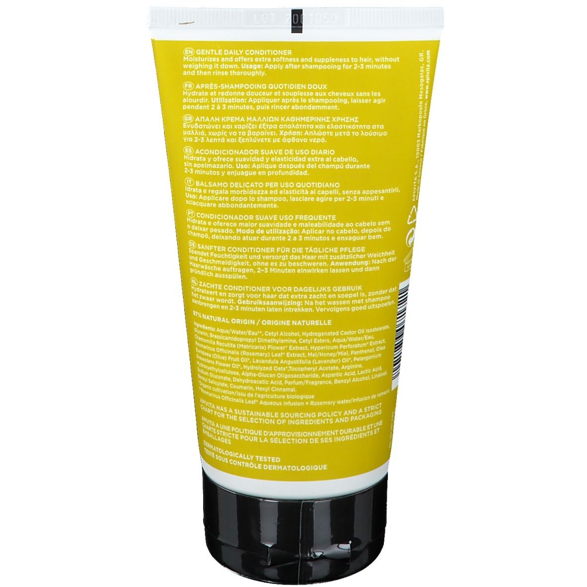 Gele tube met zwarte dop, bevat dagelijkse conditioner.