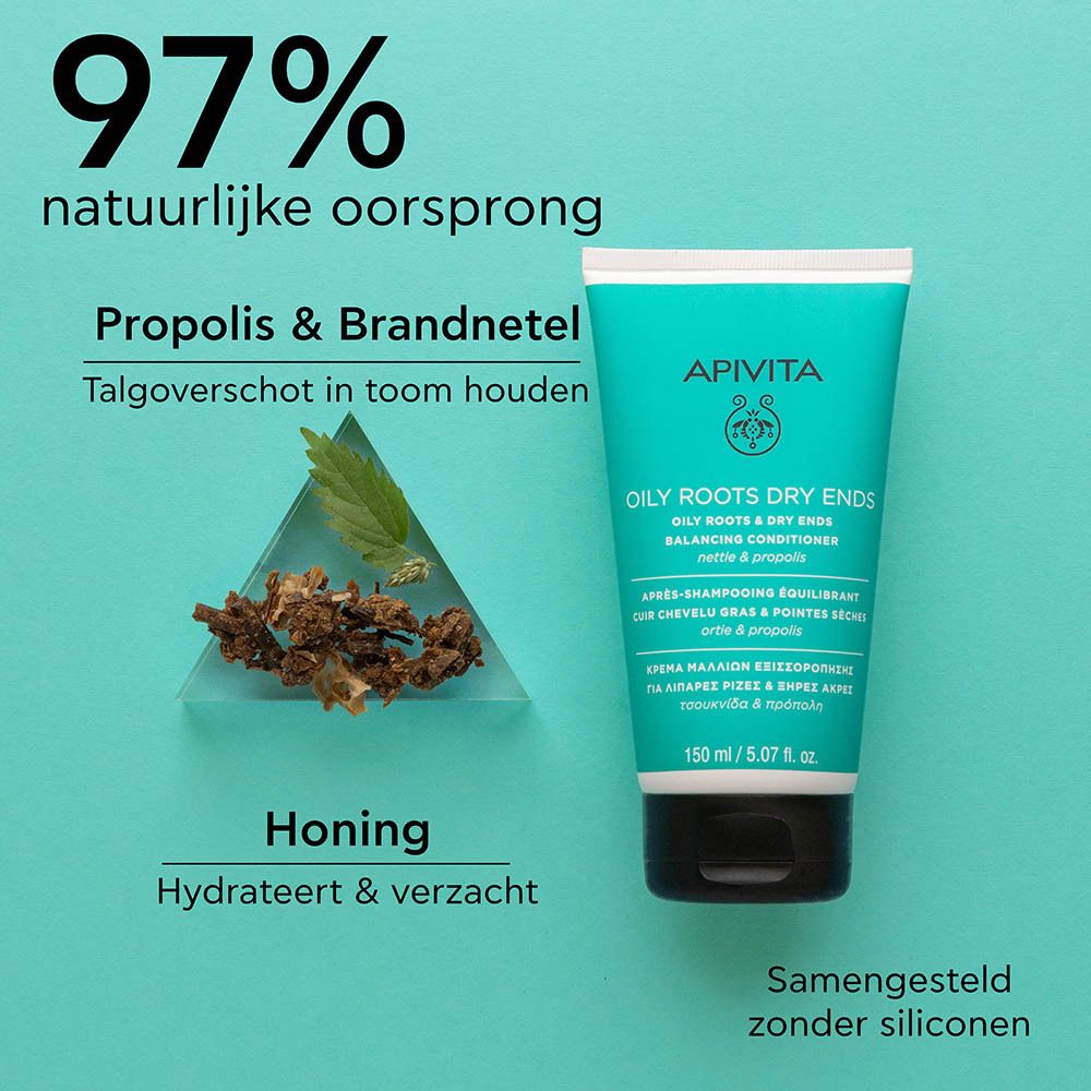 Tube naast ingrediënten. Tekst: 97% natuurlijke oorsprong, Propolis & Brandnetel, Honing.