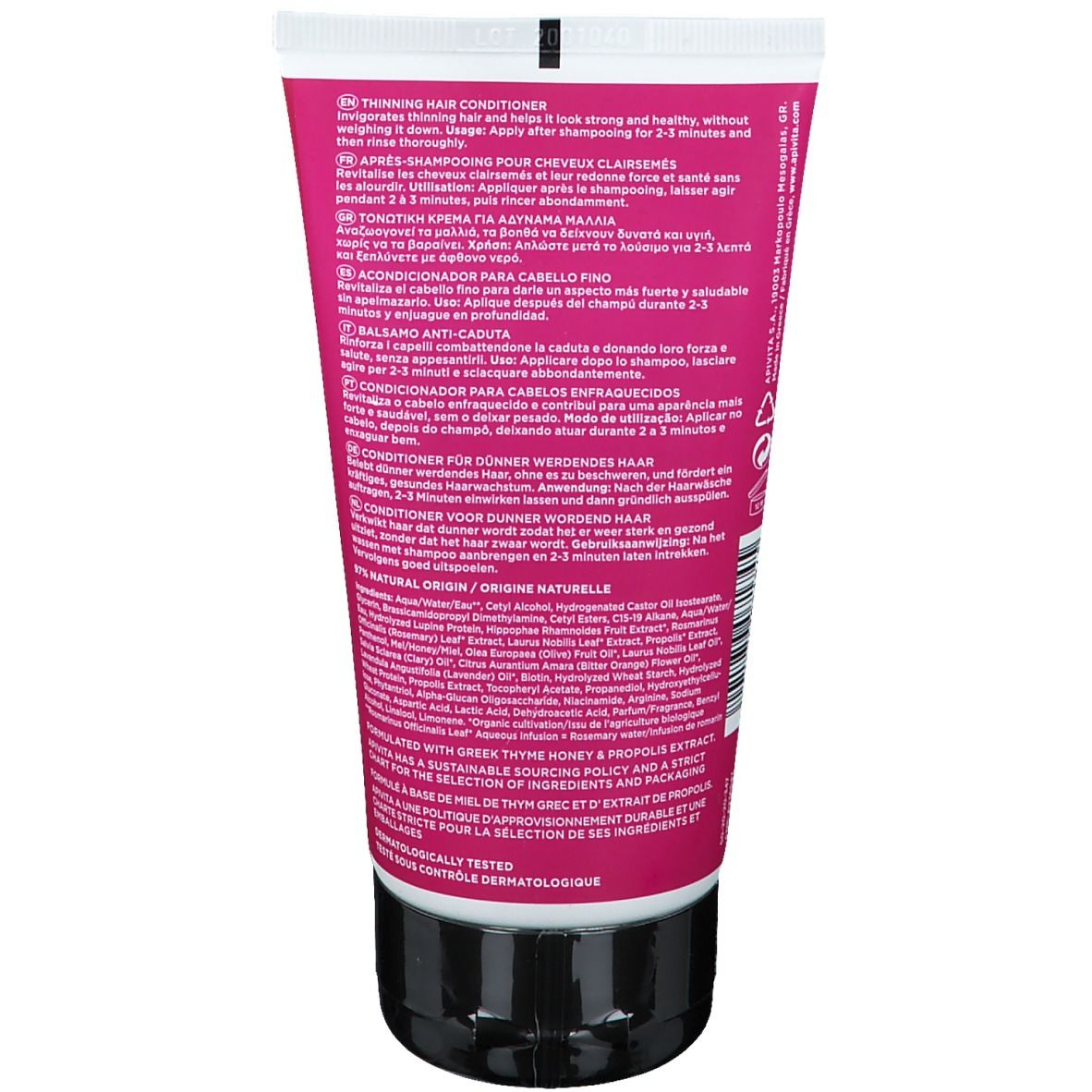 Fles conditioner voor dunner wordend haar. Bevat ingrediënten zoals Griekse tijmhoning en propolis extract.