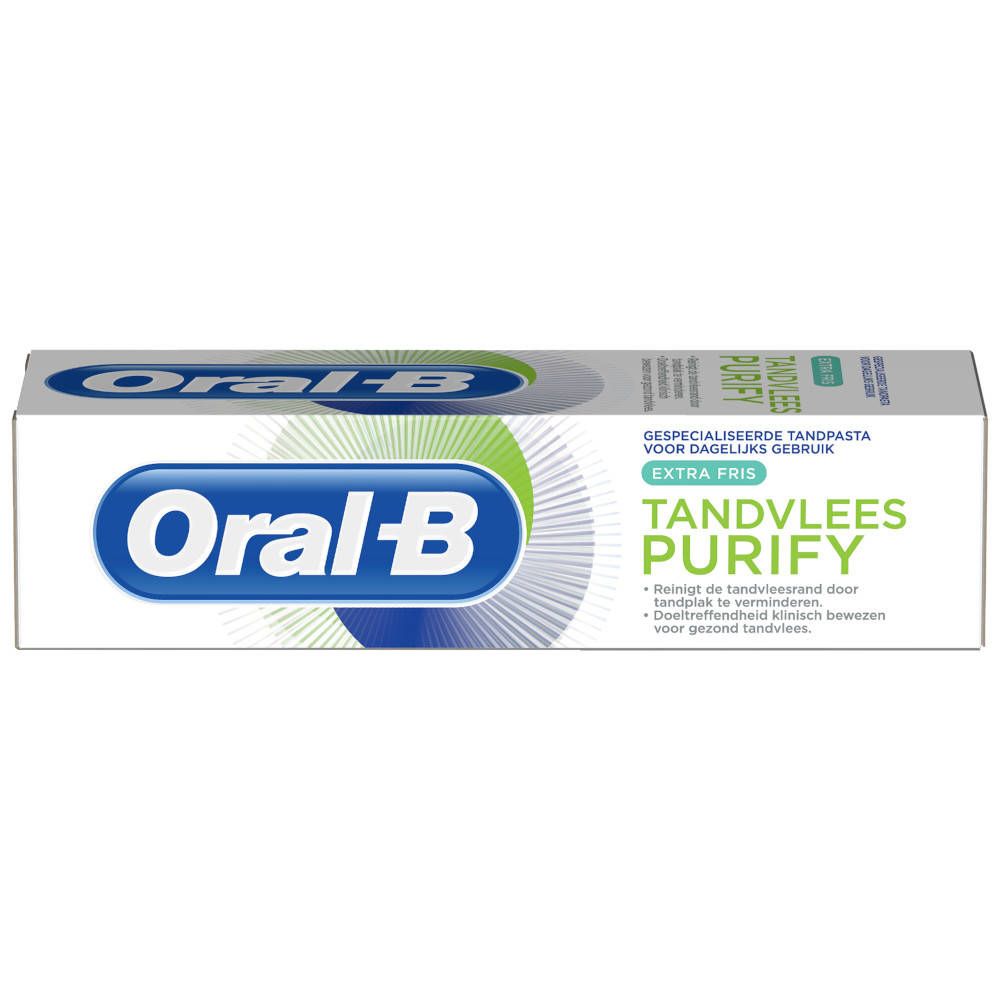 Oral-B® tandpastadoos. Wit, blauw en groen. Opschrift: Oral-B, TANDVLEES PURIFY, EXTRA FRIS.