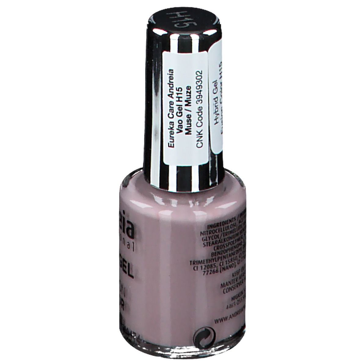 Flacon de vernis à ongles rose. Étiquette avec informations produit. Marque Andreia, Hybrid Gel H15 Muze.