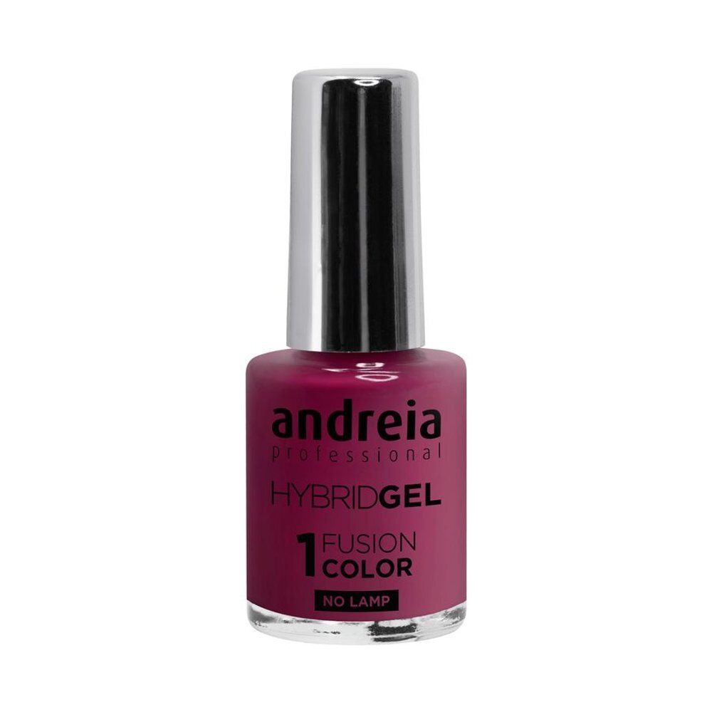 Flacon de vernis à ongles Andreia HybridGel Fameux. Rouge foncé, bouchon argenté. Texte: Hybridgel, 1 Fusion Color, No Lamp.