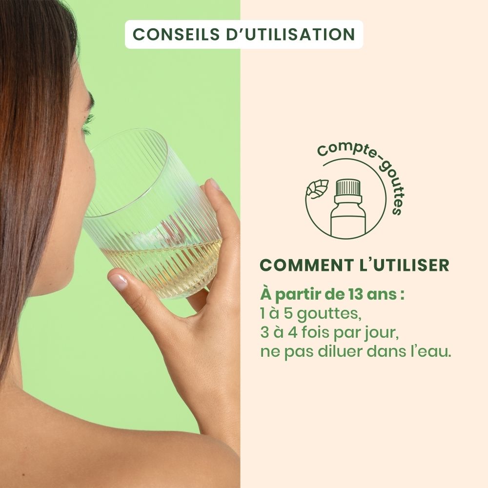 Graphiques et texte. Flacon avec bouchon blanc. Flacon de 50 ml.