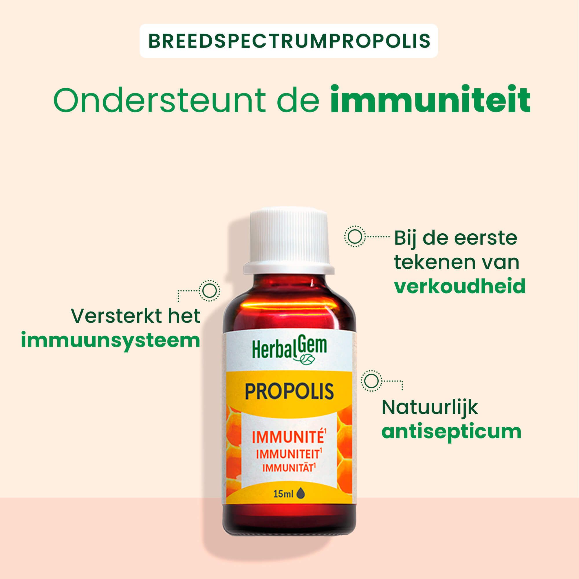Bruine fles, witte dop. Tekst: HerbalGem Propolis, druppels. Pijlen wijzen naar tekst.