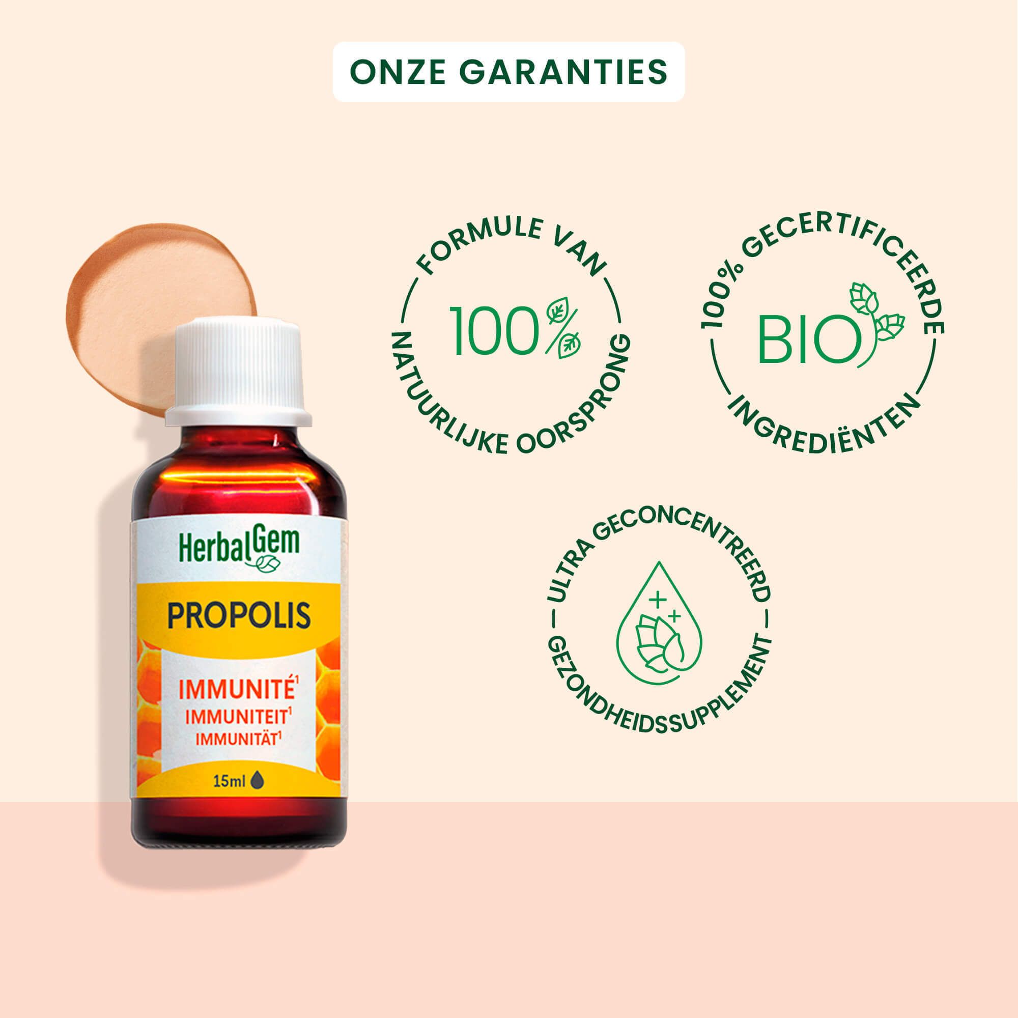 Bruine fles, witte dop, logo's. Tekst: 100% natuurlijke ingrediënten, Bio-certificering, ultra-geconcentreerd.