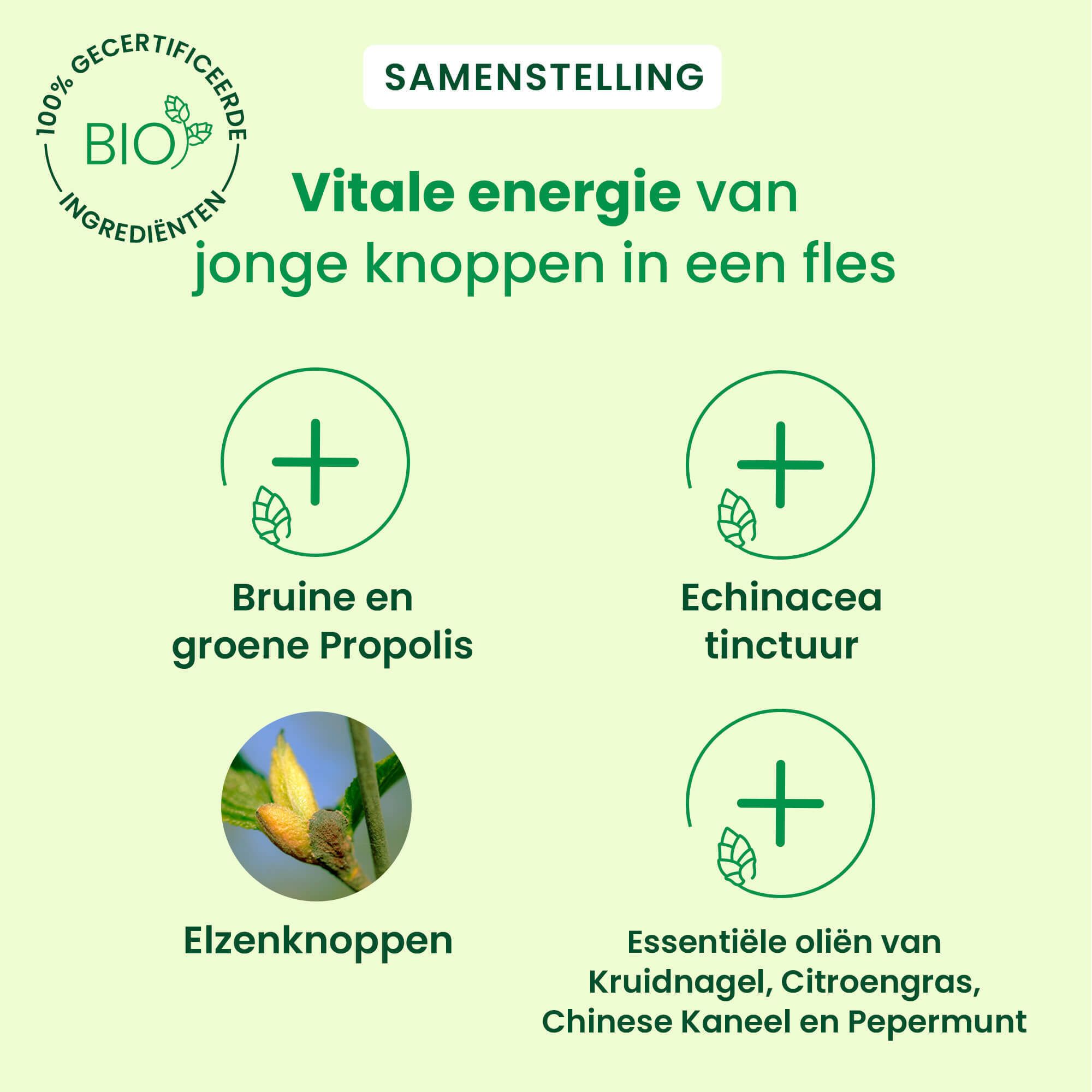 Grafiek met ingrediënten. Tekst: Propolis, Echinacea, Elzenknoppen, Kruidnagel- en citroengrasolie.