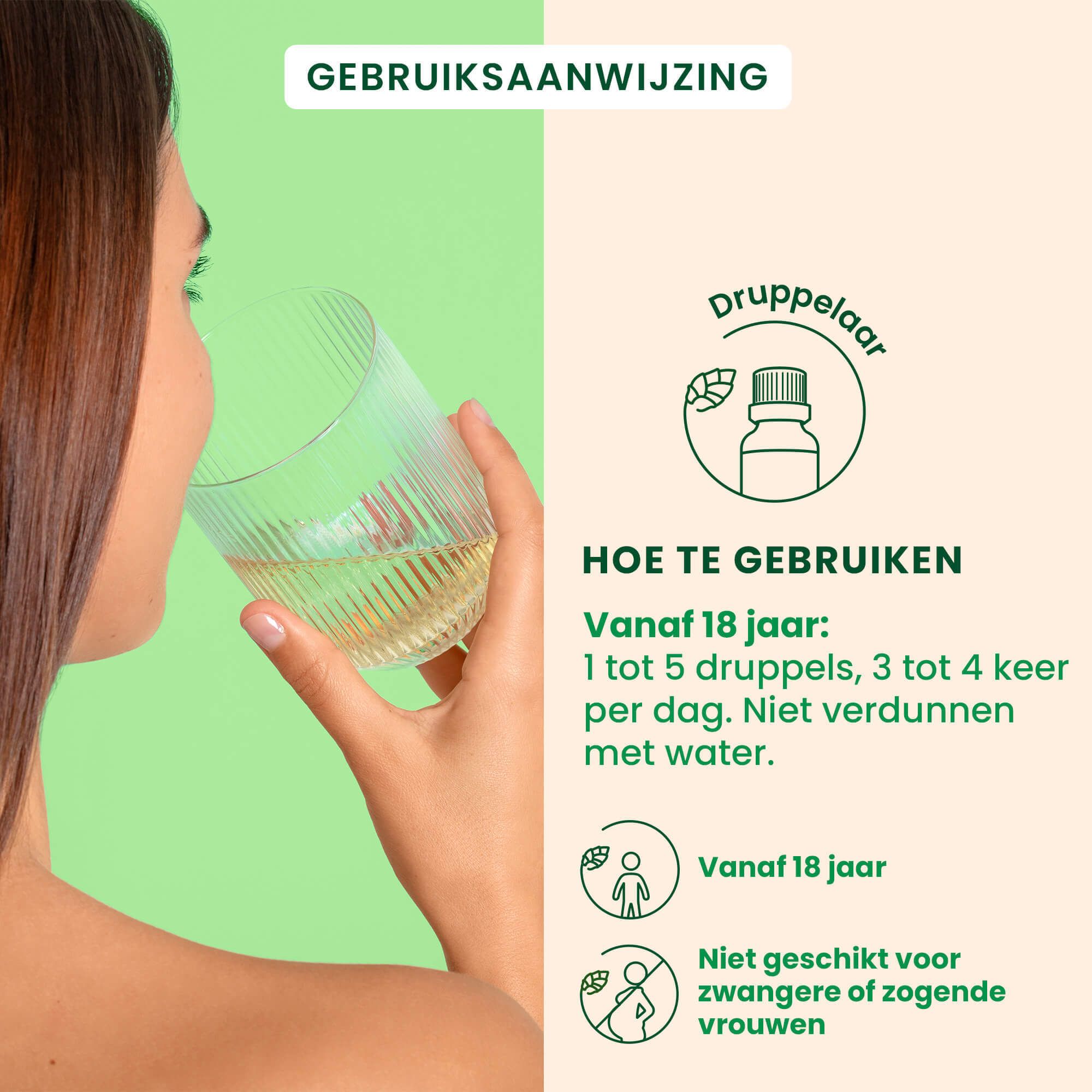 Vrouw drinkt vloeistof uit een glas. Tekst: Gebruik: 1-5 druppels, 3-4 keer per dag, niet verdunnen.