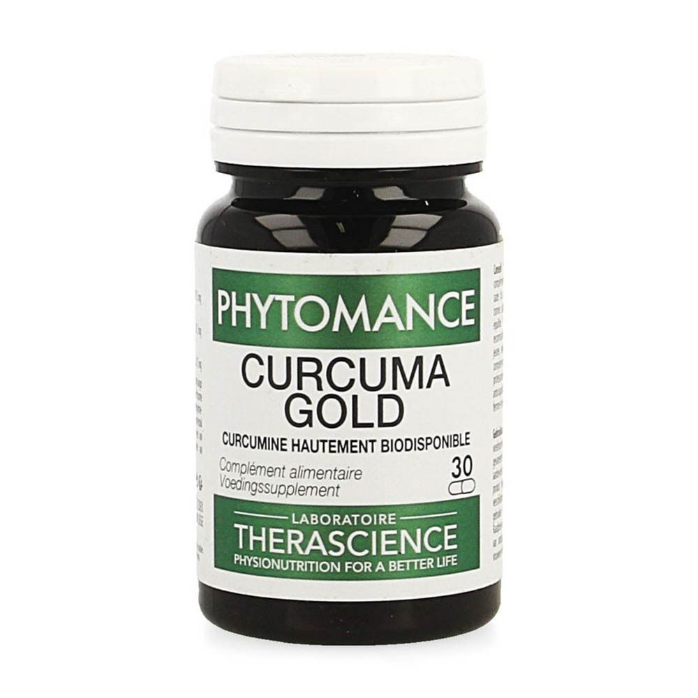Pot met capsules. Opschrift: Phytomance Curcuma Gold. Merk: Therascience. 30 capsules. Groene en witte opdruk.
