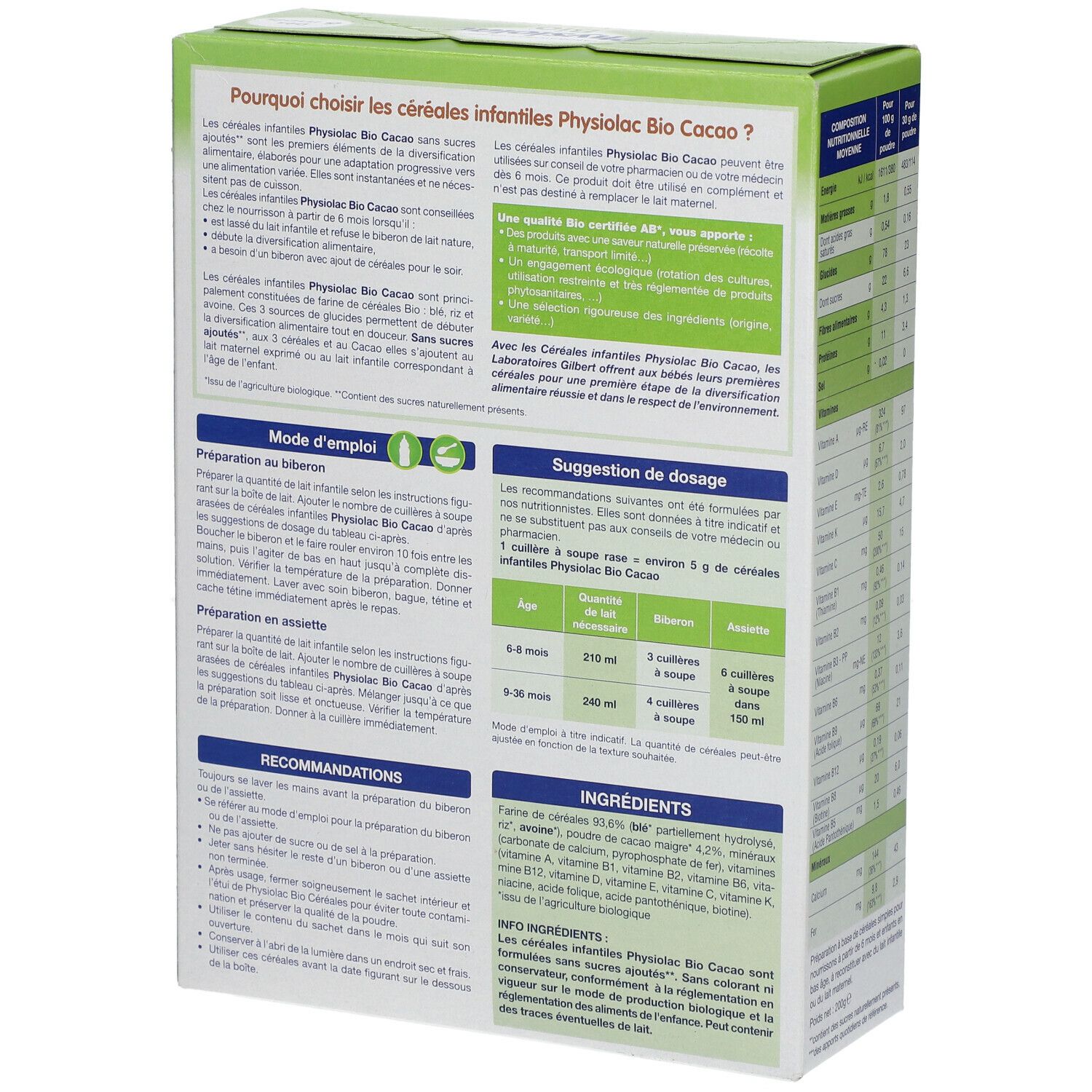 Physiolac Bio Céréales Cacao 6 Mois+