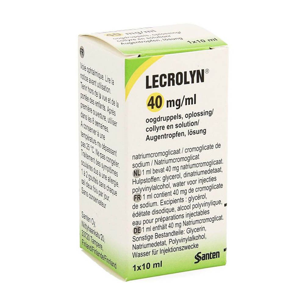 Emballage en carton avec flacon. Inscription : Lecrolyn 40 mg/ml. Contient des gouttes pour les yeux. Avec informations multilingues.