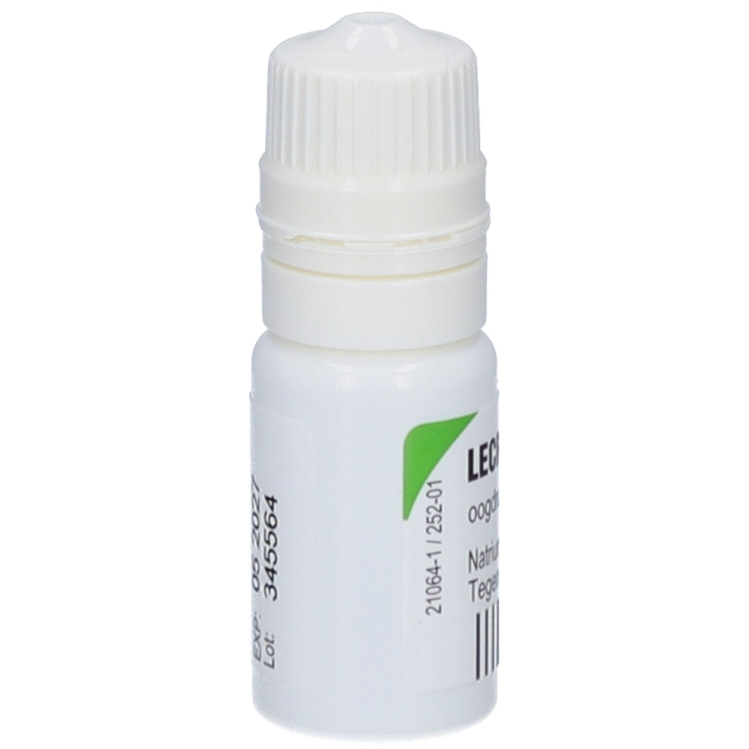 Flacon blanc avec étiquette verte. Contient des gouttes pour les yeux. Inscription : Lecrolyn, 40 mg/ml. Avec bouchon à vis blanc.