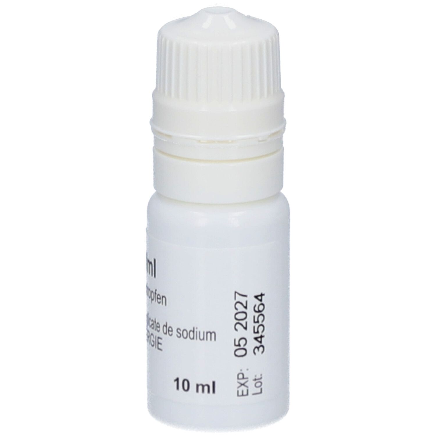 Flacon blanc avec bouchon à vis blanc. Inscription : 10 ml. L'étiquette contient des informations et un code-barres.
