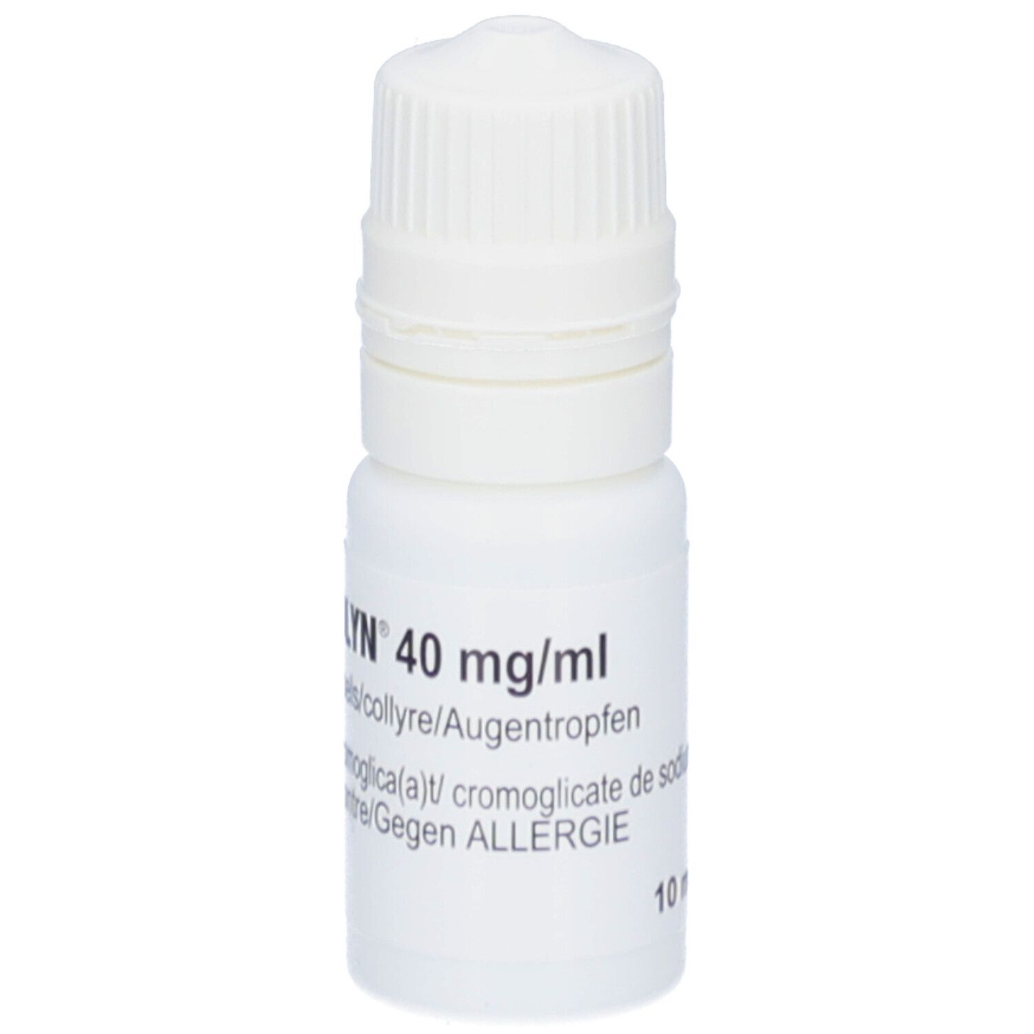 Flacon blanc avec bouchon à vis blanc. Inscription : Lecrolyn 40 mg/ml. Contient des gouttes pour les yeux. Avec étiquette verte.