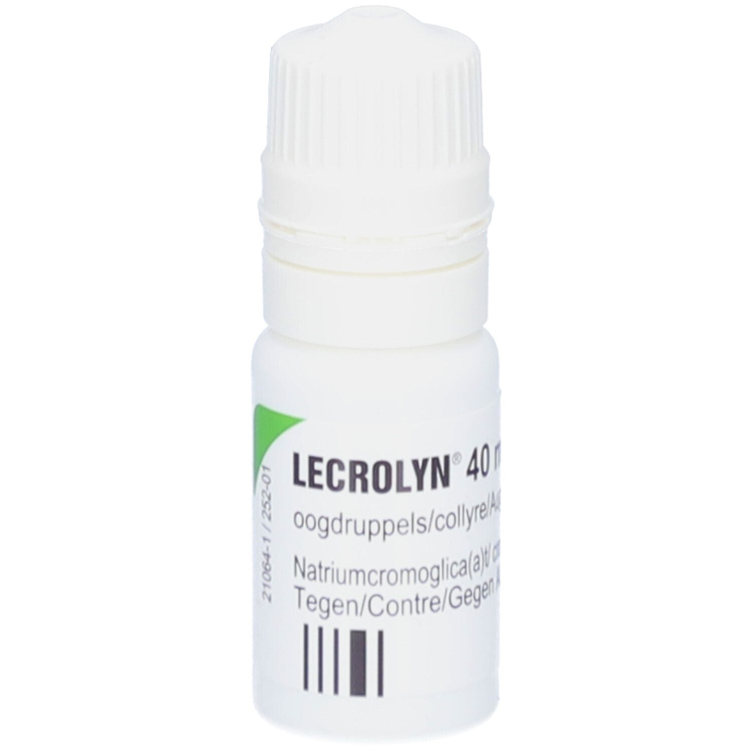 Flacon blanc avec étiquette verte et bouchon à vis blanc. Inscription : Lecrolyn 40 mg/ml. Contient des gouttes pour les yeux.