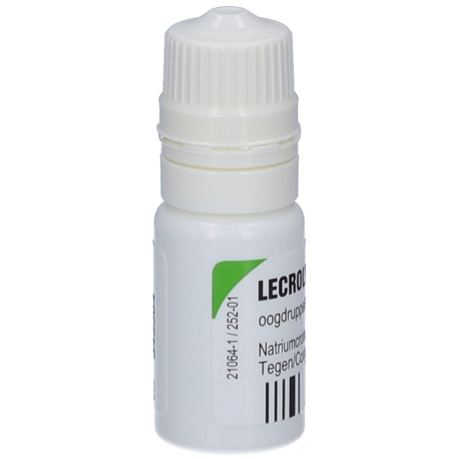 Flacon blanc avec étiquette verte et bouchon à vis blanc. Inscription : Lecrolyn 40 mg/ml. Contient des gouttes pour les yeux.