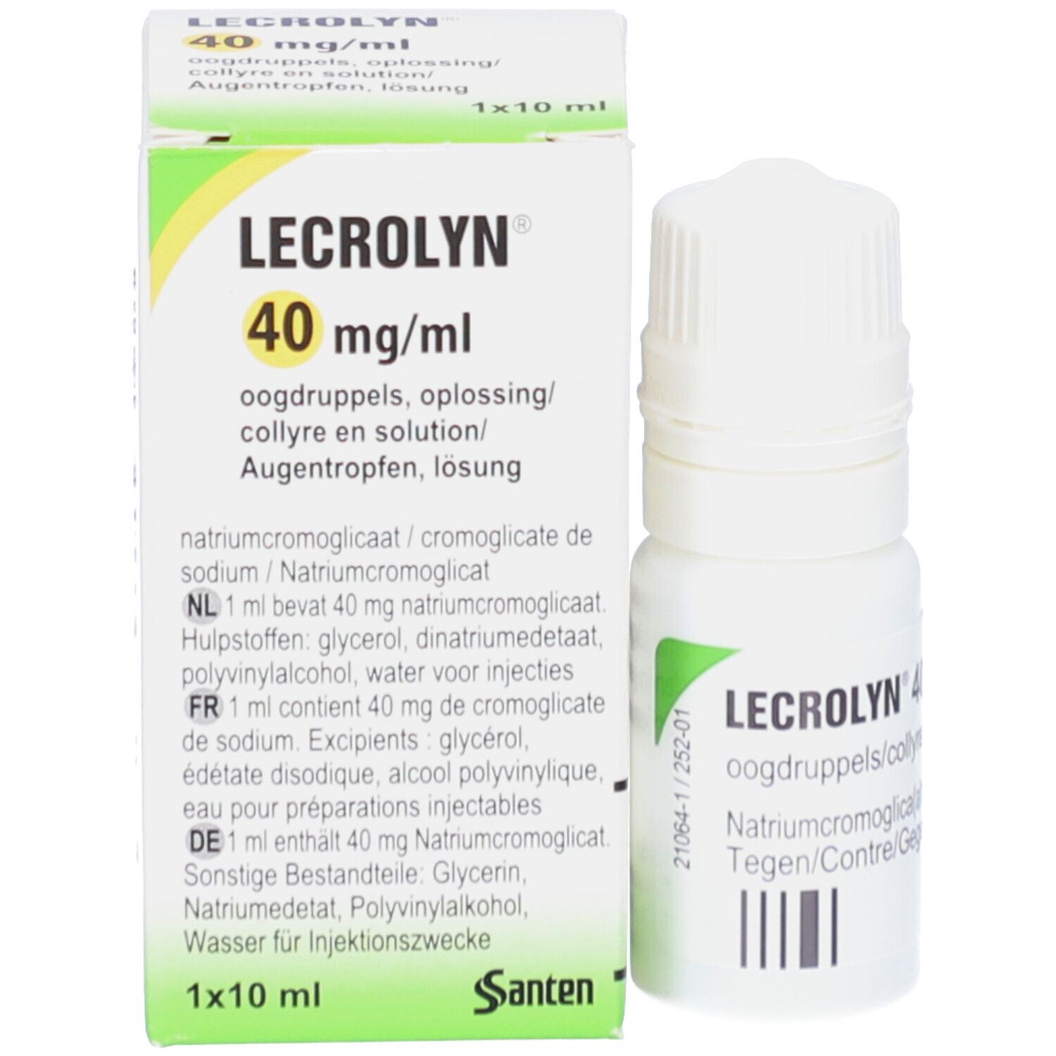 Emballage en carton avec flacon. Inscription : Lecrolyn 40 mg/ml. Contient des gouttes pour les yeux. Avec informations multilingues.