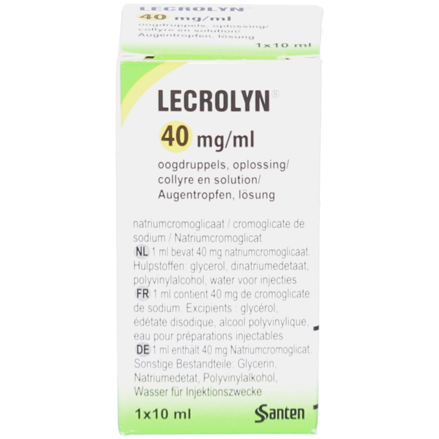Emballage en carton avec flacon. Inscription : Lecrolyn 40 mg/ml. Contient des gouttes pour les yeux. Avec informations multilingues.