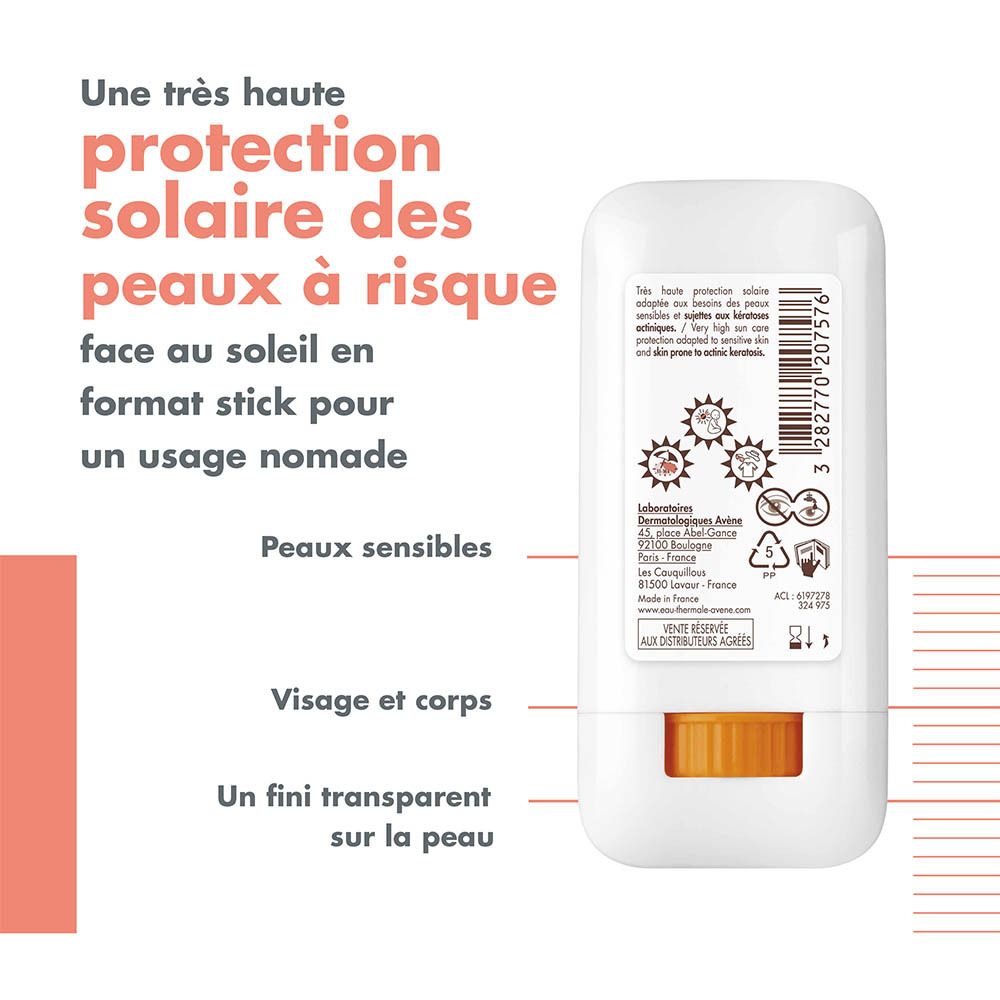 Bâton blanc avec capuchon rotatif orange, face avant avec texte sur protection solaire peau sensible.