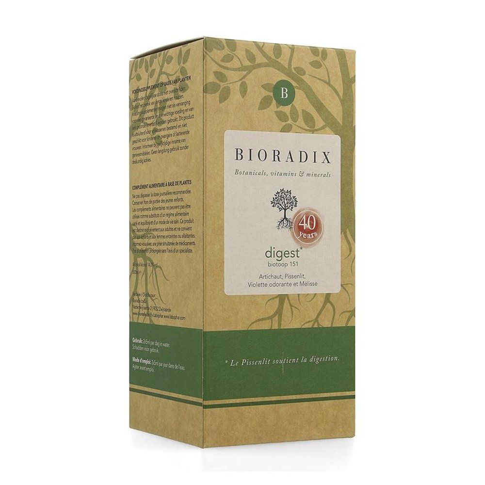 Boîte avec texte: Bioradix, digest, 40 ans. Couleur marron, motif arbre.