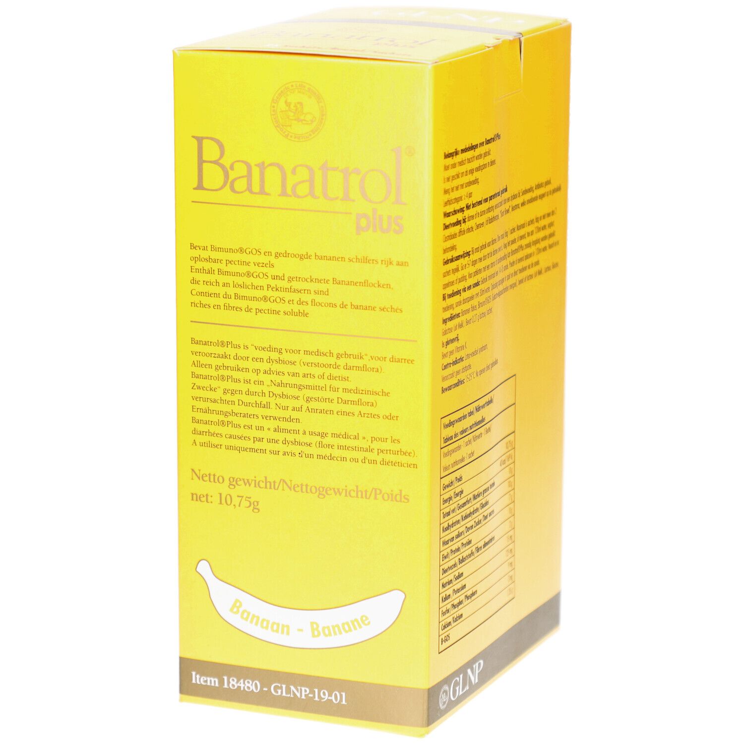 Boîte jaune avec logo Banatrol plus et illustration de banane. Net 10,75g.