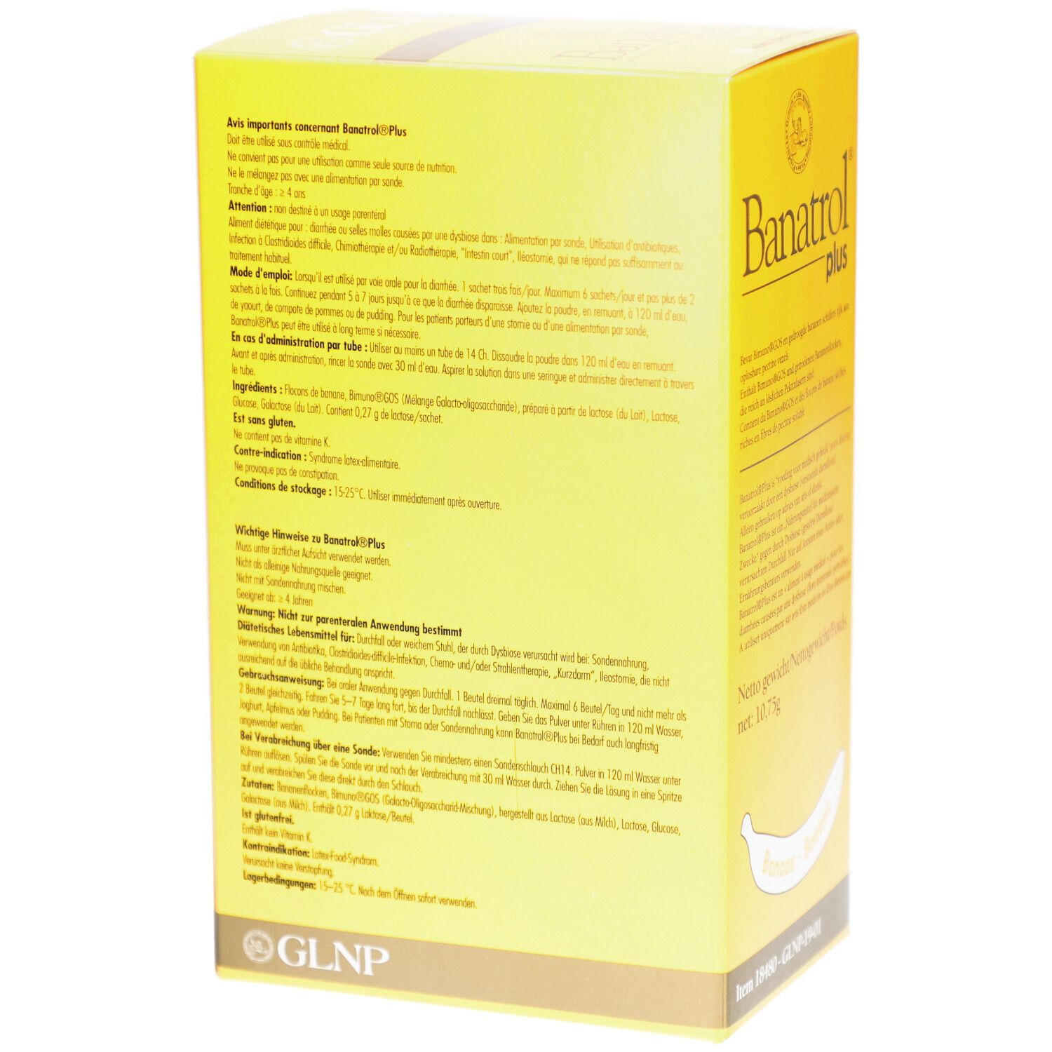 Boîte jaune avec texte. Avertissements et instructions d'utilisation. Marque GLNP.