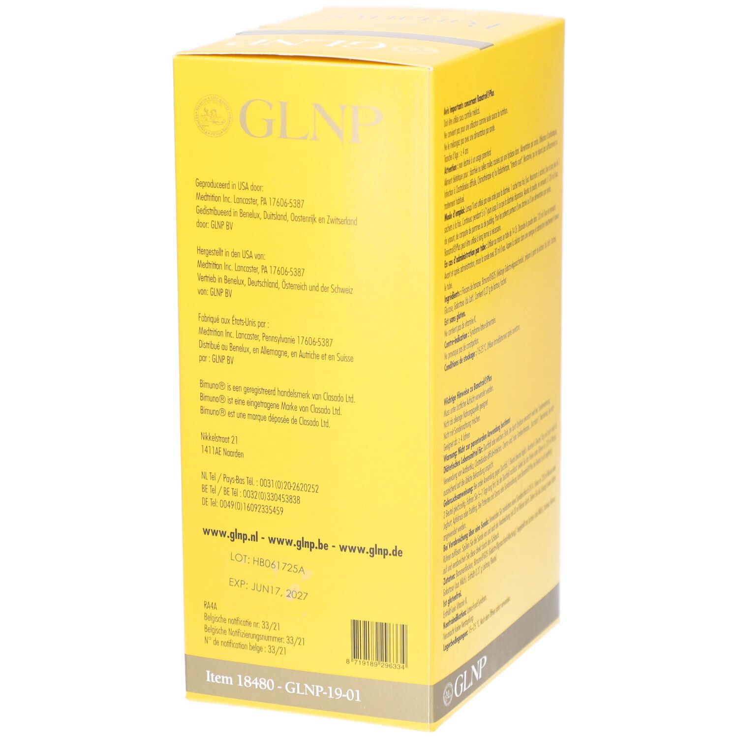 Boîte jaune avec texte. Informations fabricant et contact. Marque GLNP.